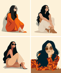 Girls resting on floor cartoon vector concept. Women sitting on ground black hair sunglasses jewelry full height, female character bare foot smart dress makeup with pale gentle backdrop