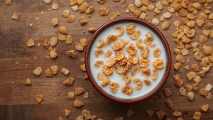 Fototapeta premium Cornflakes in Brown Bowl with Milk, Fiber-Dense Choice, Breakfast
