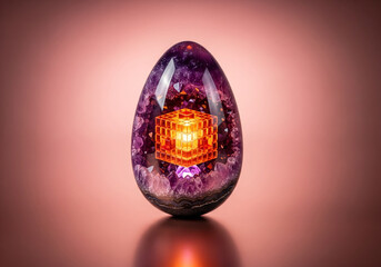 Futuristic Amethyst Egg with Glowing Orange Core on Warm Gradient Background