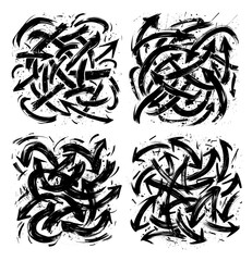 Grunge arrows black ink sketch vector set. Brush strokes direction sign pointer chaotic lines spray paint effect abstract urban messy texture art element illustration isolated on white backdrop