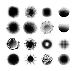 Halftone black circle vector set. Dotted texture grunge effect comic book abstract geometric pattern, gradient dots design element retro pop art tone shape sphere illustration isolated on white