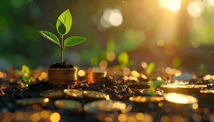 Small plant sprouts from coins in soil, backlit by golden sunlight, symbolizing growth and financial investment