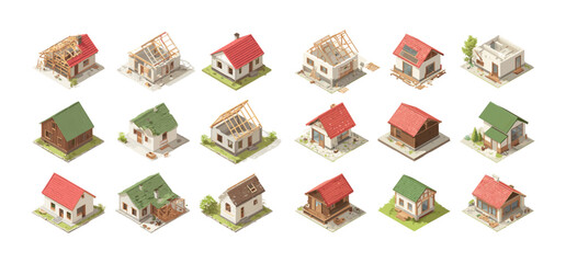 Houses construction site phases isometric vector set. Home roof framing timber wood brick building stages process real estate development cottage renovation repair structure foundation walls