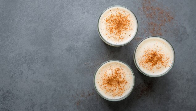 Eggnog festive winter beverage featuring milk, eggs, and dark rum, garnished with cinnamon and nutmeg, seasonal indulgence - Powered by Adobe