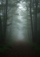 Fototapeta premium Mysterious Forest Path - A Misty Journey Through the Woods.