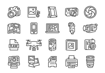 Photography icons. Set of 20 photography trendy minimal icons. Camera, Lens, Drone, Frame, Printer icon. Design signs for web page mobile app packaging design. Vector illustration