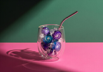 Glass with Swirl Spheres and Metallic Straw on Pink and Green Background