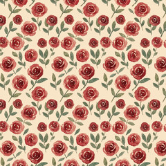 Romantic Red Watercolor Rose Seamless Pattern: Hand-Drawn Floral Background for Fabric, Wallpaper, and Digital Projects