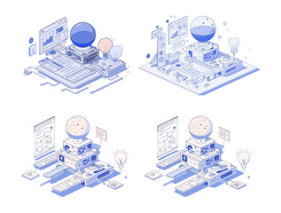 Ideas factory isometric vector concept. Producing machine lamps clipboards conveyor, phantasy center notes buttons mechanical constructions micro chips electronics isolated on white background