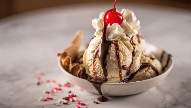 Ice cream sundae close-up, showcasing a sweet dessert with layers of flavors, ideal for food photography