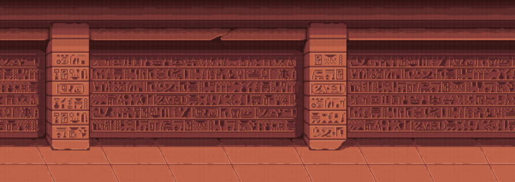 Pixel art egyptian hieroglyph wall seamless background.