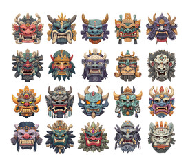 Japanese demon masks cartoon vector set. Oni hannya asia samurai horror face traditional culture ancient mythology monster warrior, tribal scary illustration isolated on white background