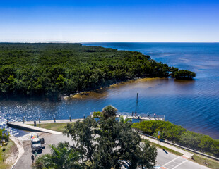 aerial drone view of Ponce de Leon boat launch and fishing pier at Ponce de Leon Park in Punta Gorda Florida