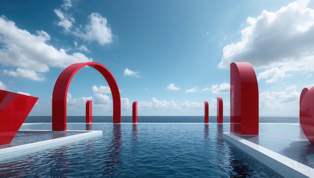 A vibrant scene featuring red arches and white clouds against a blue sky and ocean, serving as an abstract modern backdrop.
