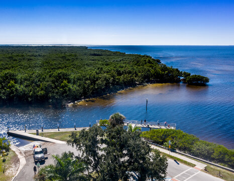 aerial drone view of Ponce de Leon boat launch and fishing pier at Ponce de Leon Park in Punta Gorda Florida