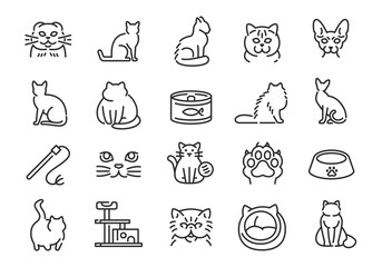 Cat icons. Set of 20 cat trendy minimal icons. Kitten, Paw, Bowl, Toy, Food icon. Design signs for web page mobile app packaging design. Vector illustration