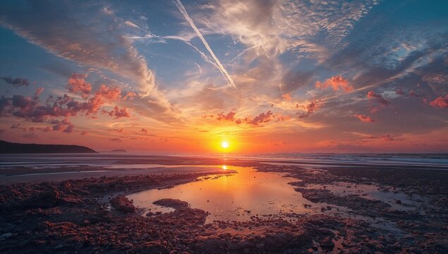 Abstract composition of vibrant sunset and sunrise hues, exploring creativity and imagination in landscape art