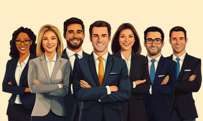 Portrait illustration of a group of smiling business people, symbolizing teamwork and collaboration. This image conveys professionalism, unity, and effective teamwork, ideal, Generative AI