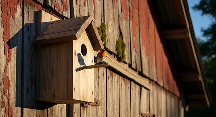 Rustic Birdhouse on Weathered Barn Wall in Golden Light.