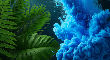 Tropical Leaves and Blue Ink Swirl in Artistic Contrast