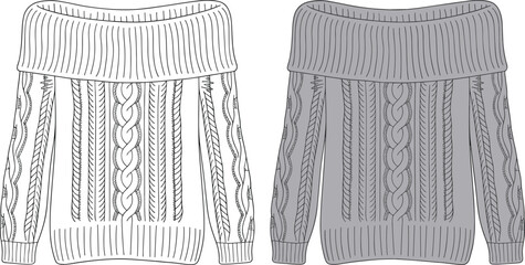 Off shoulder knitted sweater technical fashion sketch, cable knit winter pullover illustration, cozy women apparel design, detailed clothing artwork