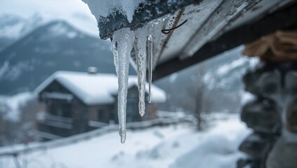 Fototapeta premium Close-up of a long icicle suspended from a rooftop on a frigid winter day, seasonal change