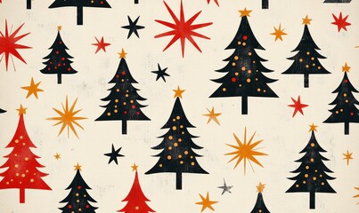 Retro pattern with stars and trees, creating a nostalgic Christmas background concept. The design offers a festive, retro aesthetic, perfect for holiday decorations, greeting cards, Generative AI