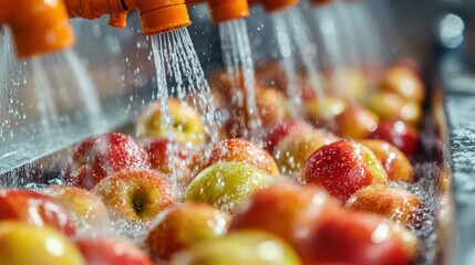 Fresh apples being washed under a stream of water in a food processing plant, highlighting hygiene and preparation for consumption