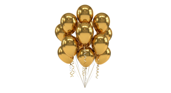Bunch of shiny golden balloons with ribbons floating against a solid
