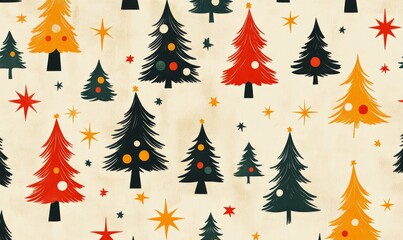 Retro pattern with stars and trees, creating a nostalgic Christmas background concept. The design offers a festive, retro aesthetic, perfect for holiday decorations, greeting cards, Generative AI