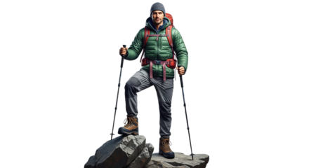 Hiker with backpack stands on a rocky peak ready for adventure in the great outdoors