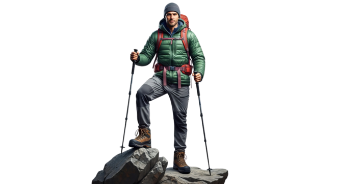 Hiker with backpack stands on a rocky peak ready for adventure in the great outdoors