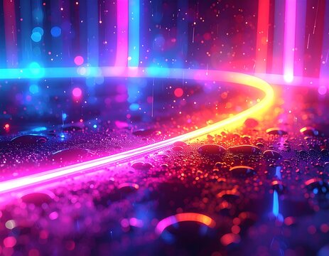 A vibrant digital illustration with neon light streaks and a circular path above a reflective, textured surface. Raindrops and bokeh add detail