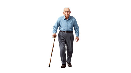 Elderly man walking with a cane looking forward with a serious expression on his face
