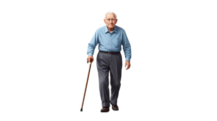 Elderly man walking with a cane looking forward with a serious expression on his face