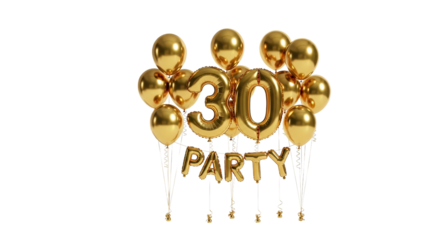 Golden balloons spelling out thirty and party for a thirtieth birthday celebration