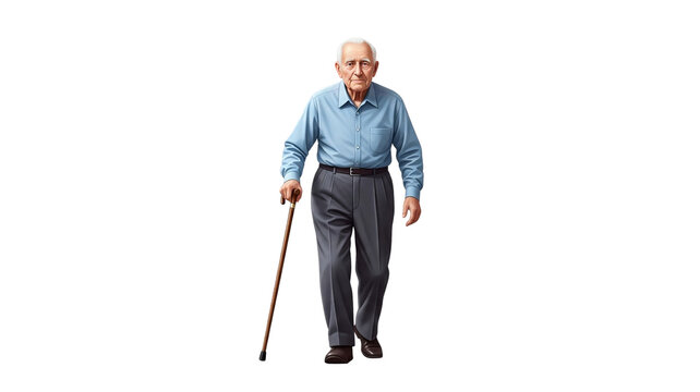 Elderly man walking with a cane looking forward with a serious expression on his face