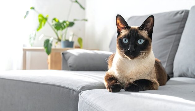 Siamese cat with striking blue eyes lounges regally on a modern, gray sofa in a bright, sunlit room - Powered by Adobe