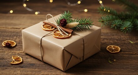 Rustic Christmas Gift Box Decorated with Natural Elements.