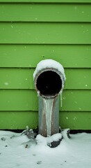 Snowy Vent Pipe Against Green Siding in Winter.