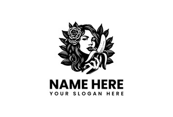Retro Style Woman with Banana and Rose Logo