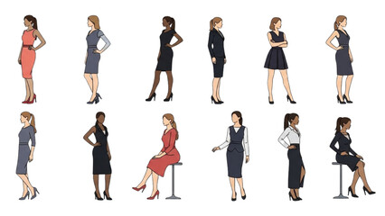 Diverse Group of Business Women in Formal Attire, Isolated on White
