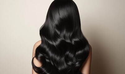Portrait of a Korean woman with long, wavy black hair, representing hair care, makeup, and hair health. This image emphasizes smooth, healthy hair and beauty routines, Generative AI