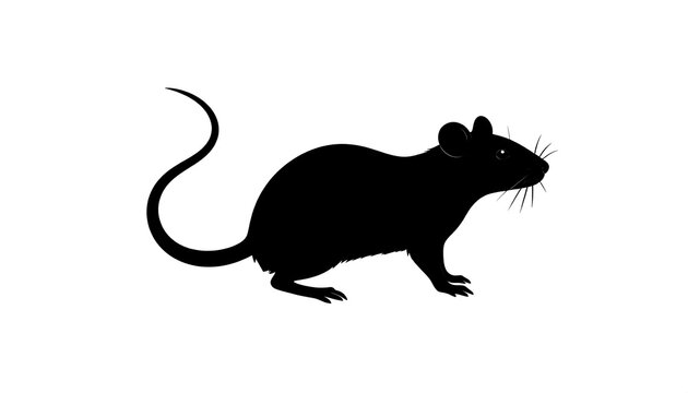 Silhouette of a black rat with a curled tail, walking on a white background