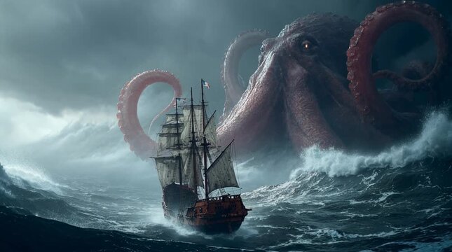 Massive octopus attacking an old sailing ship in rough waters, a dramatic fantasy sea battle scene