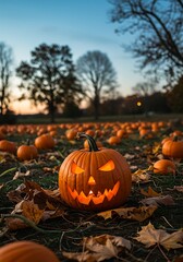 Spooky Jack-o-Lantern Pumpkin Glowing in a Field of Pumpkins at Dusk.