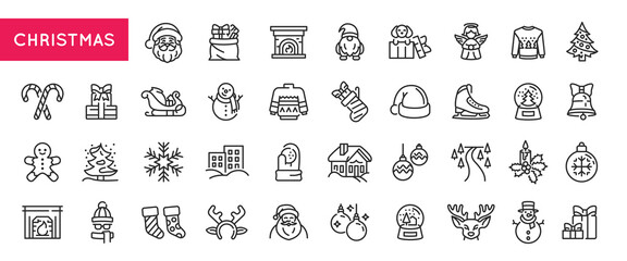 Christmas icons. Large set of Christmas trendy minimal icons. Santa, Gift, Tree, Sweater, Snowman, Bell, Ornament icon. Design signs for web page, mobile app, packaging design. Vector illustration