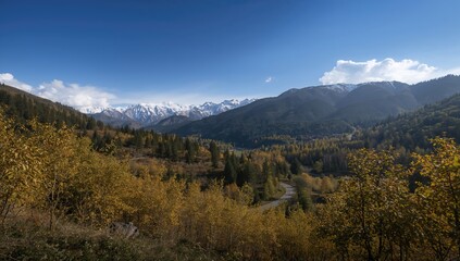 Obraz premium Summer landscape featuring snowy mountain peaks near a village, highlighting seasonal change