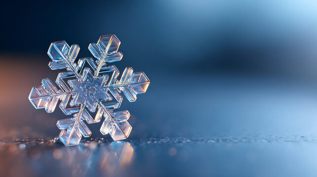 Close-up macro photograph of a single transparent snowflake crystal on a reflective surface with soft blue and warm light background