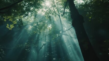 Ethereal sunlight rays piercing through a lush, dense tropical forest canopy, creating a mystical natural landscape with green foliage. - Powered by Adobe